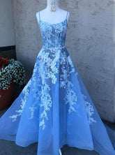 Blue Spaghetti Straps Tulle Lace Long Prom Dress with Appliques